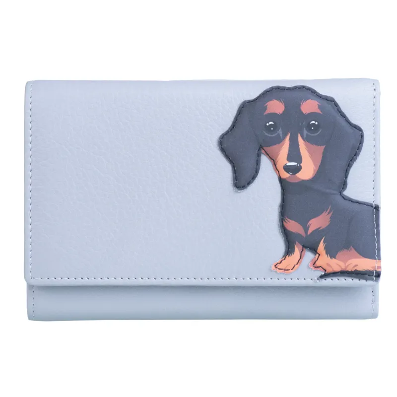 Mala Leather Frank Tri Fold Purse with RFID Grey Frank Sausage Dog