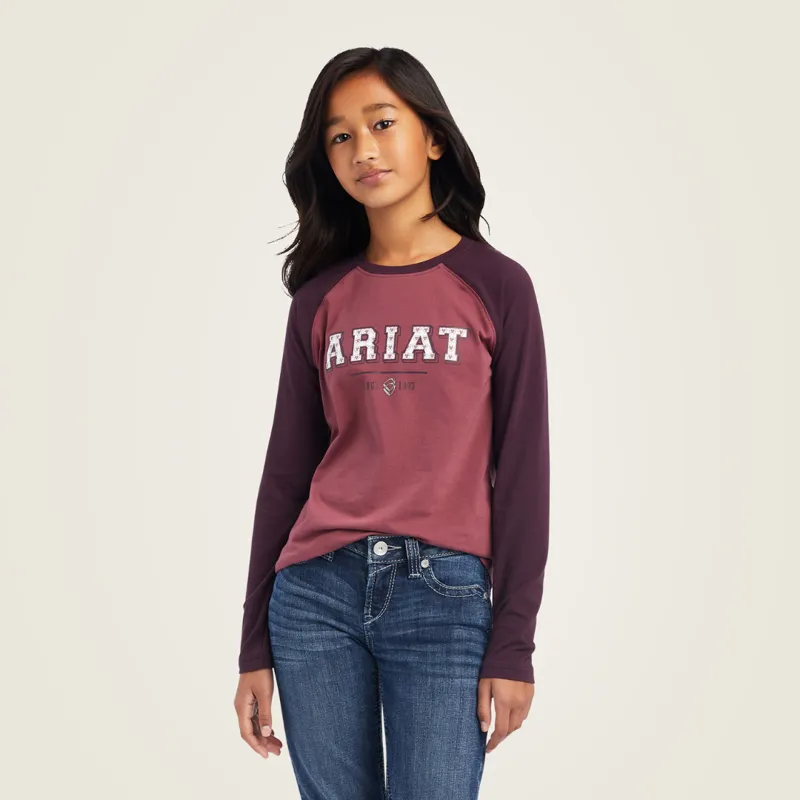 Ariat Youth Varsity Long Sleeve T Shirt Mulberry Nostalgia