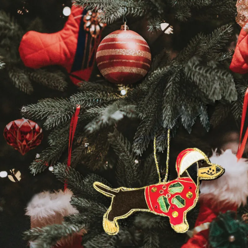 Dachshund Beaded Embroidered Christmas Tree Decoration - Brown-1